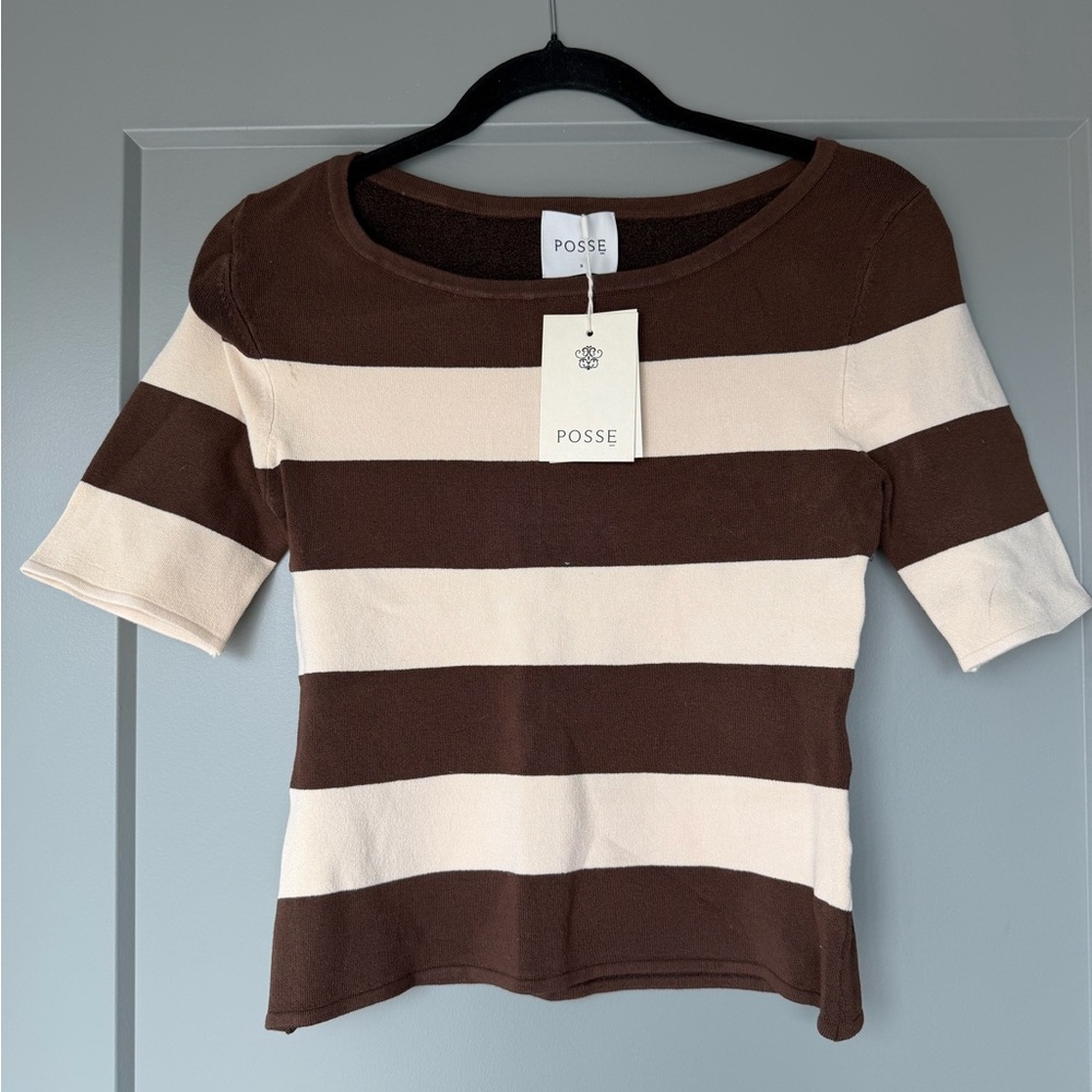 Posse Chocolate and Ivory Striped Short Sleeve Top